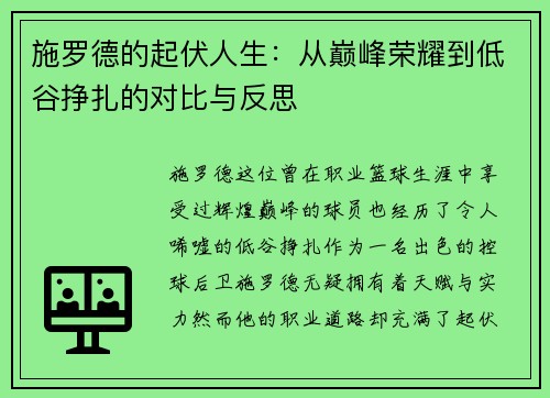 施罗德的起伏人生：从巅峰荣耀到低谷挣扎的对比与反思